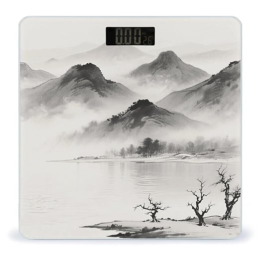 Ink Painting Landscape Weight Scale Large Digital Bathroom Scales with Bright LED Display Non Slip Digital Scale and Step On Fashion Weighing Machine for Body