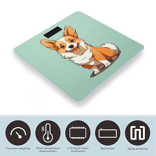 Corgi Cute Dog Scale for Body Weight Safe Rounded Corners Tempered Glass Digital Bathroom Scale LED Display 400lb Capacity Weight Scales with High Precision Sensors