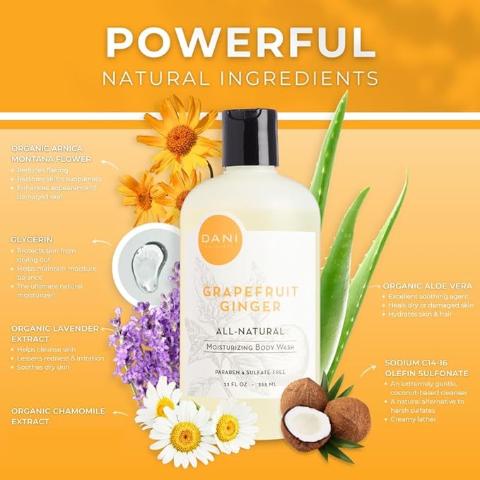 DANI Naturals Moisturizing Body Wash - Grapefruit Ginger Scent Organic Aloe Vera &amp Glycerin Sulfate-Free Vegan pH-Balanced 12 oz - Refreshing Moisturizing Shower Gel for Soft Skin