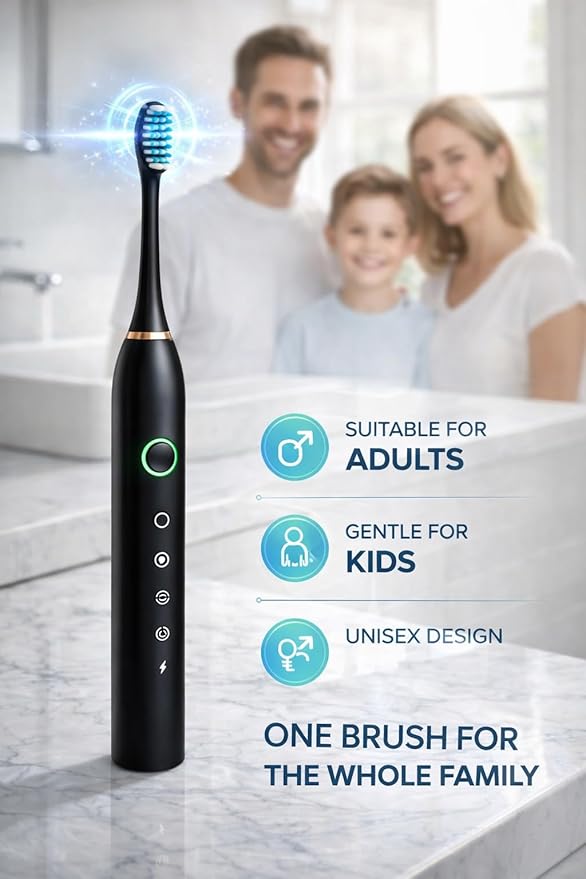 GajetNest Sonic Electric Toothbrush 6 Modes 42000 VPM 6 Brush Heads 15 Day Battery Great for Travel Powerful Toothbrush Black
