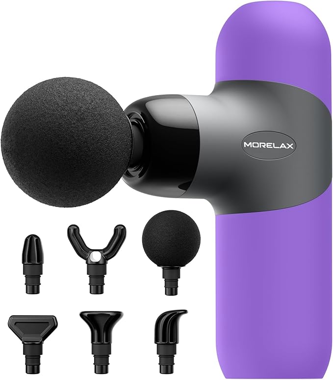 Morelax Mini Massage Gun Portable Deep Tissue Muscle Percussion Massager Electric Handheld Sport Massager with 6 Massage Heads 4 Speed Best Gift (Purple)