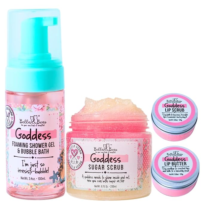 Spa Gift Set for Women – Bella &amp Bear Goddess Bath &amp Body Gift Set with Body Scrub Shower Gel Bubble Bath &amp Lip Care – Vegan Self Care Gift