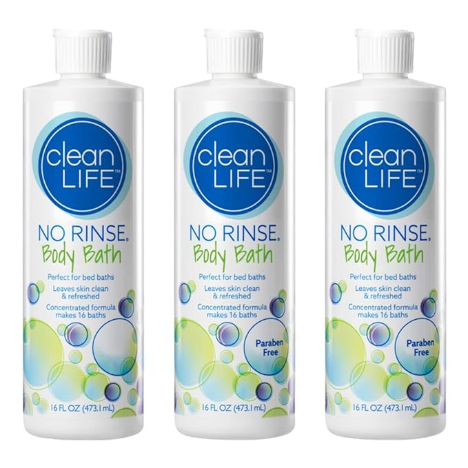 No-Rinse CleanLife Products Body Bath 16 fl oz (Pack of 3 Makes 48 Complete Baths) – Gentle Concentrated Liquid Body Wash Made in USA – Ideal for Post-Surgery Elderly Care Camping and Travel