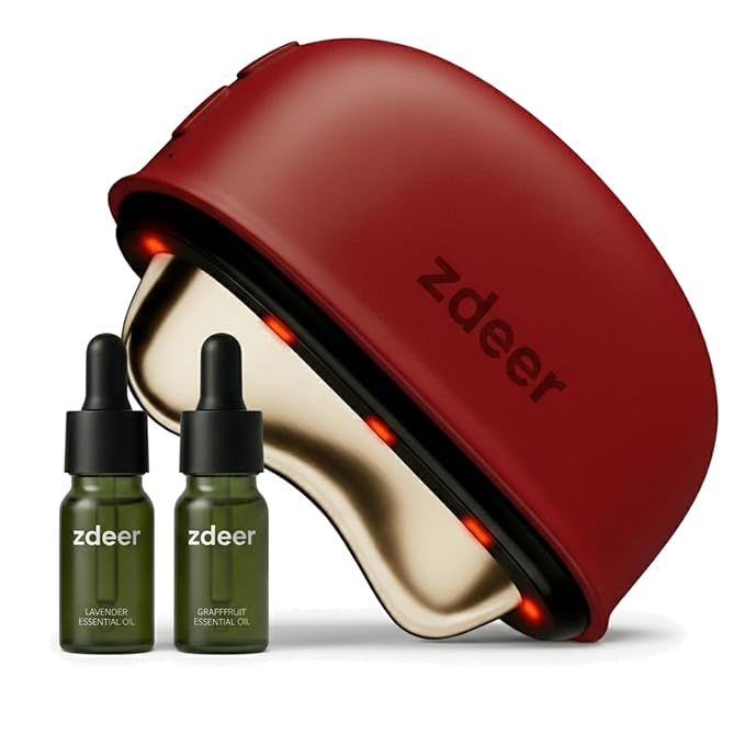 ZDEER Electric Gua Sha Facial Care Set – Heated Brass Face &amp Neck Massager with Red Light Therapy &amp Soothing Vibration Includes 2 × 10ml Massage Oils for Face &amp Body Care