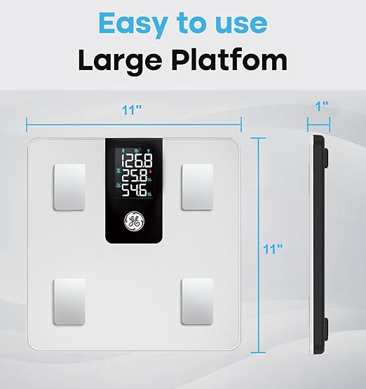 GE Smart Scale for Body Weight BMI Fat Muscle Mass with 14 Body Composition Metrics &amp All-in-one LCD Display Digital Bathroom Weight Monitor Bluetooth with App Accurate Weighing Machine 400lb Wh