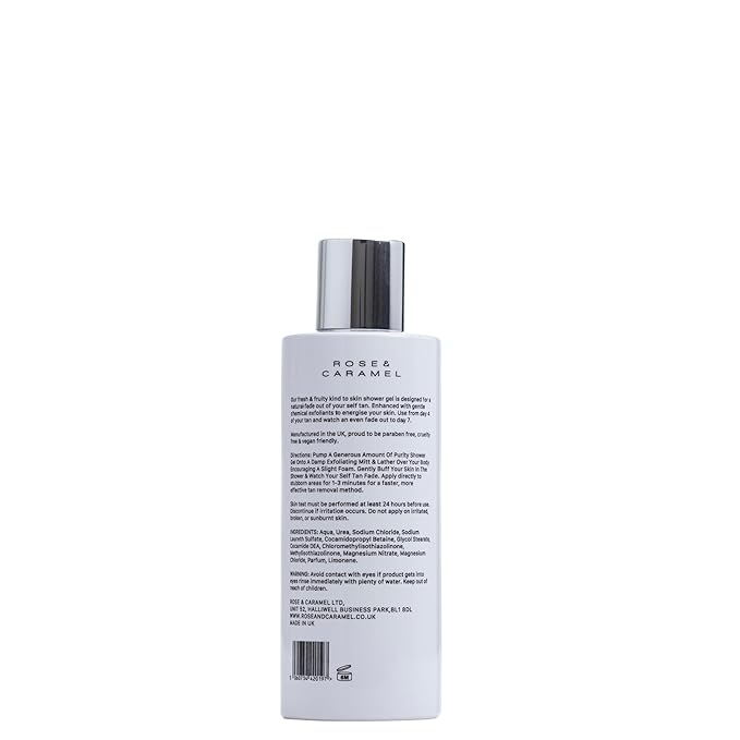 Rose &amp Caramel Purity Fade Away Self Tan Removing Shower Gel (250ml). Effective Self Tan Eraser Fresh Fruity Fragrance Gentle Exfoliator. Removes All Fake Tan Brands Vegan Cruelty Free
