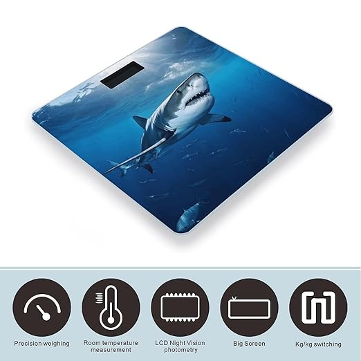Ocean Sea Animal Shark Weight ScaleClear LED Display Bathroom Digital Weighing ScaleTempered Glass Digital Bathroom Scale for Body Weight Capacity Up to 400 Lbs