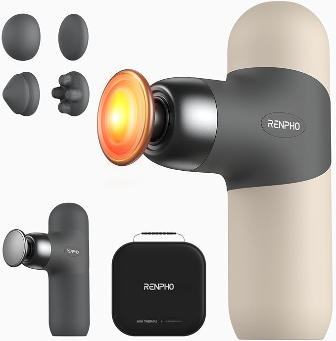 RENPHO Mini Thermal Massage Gun with Heat Portable Deep Tissue Percussion Massager with 4 Heads for Neck &amp Back Comfort Ultra-Quiet Operation for Home Office &amp Travel Includes Compact Carr