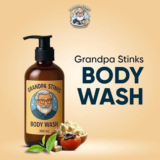 Grandpa Stinks® Body Wash – Persimmon &amp Green Tea Deodorizing Cleanser – Natural Odor Eliminator for Men – Hydrating Daily Shower Gel with Shea Butter – 10.14 fl oz