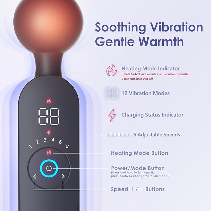 Portable Cordless Handheld Massager – Water-Resistant Smart Heating USB Rechargeable Whisper Quiet6 Speed Levels12 Vibration Modes for Full-Body Relaxation &amp Fatigue Relief