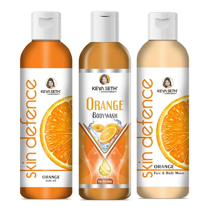 Keya Seth Aromatherapy Complete Body Care Combo Enriched with Vitamin C Orange Body wash 200ml + Skin Defence Orange Body oil 200ml + Orange Face &amp Body Moisturizer 200ml