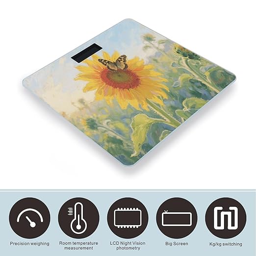 Sunflower Butterfly Weight Scale Cute Bathroom Scale for Body Highly Accurate Digital Weighing Machine for People Compact LCD Display Scales with Sturdy Toughened Glass Scales