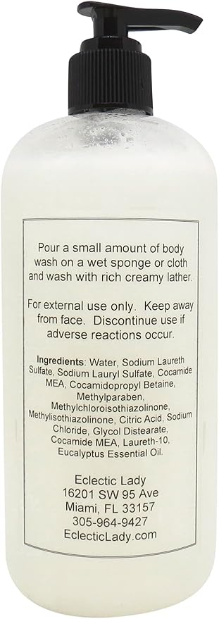 Eclectic Lady Liquid Pearl Body Wash - Eucalyptus Essential Oil Scent 3-in-1 Use For Bubble Bath Hand Soap &amp Body Wash Phthalate-Free Eucalyptus Essential Oil Fragrance Handcrafted in USA (16 o