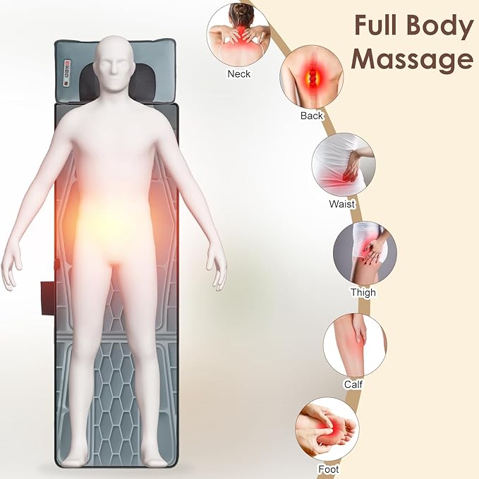 KOCASO Flannel Full Body Massage Mat Multifunctional Massage Chair Pad with Heat Timer Shiatsu Neck Massager Carry Bag Earplugs Anti-Slip Bottom for Reclining Chair