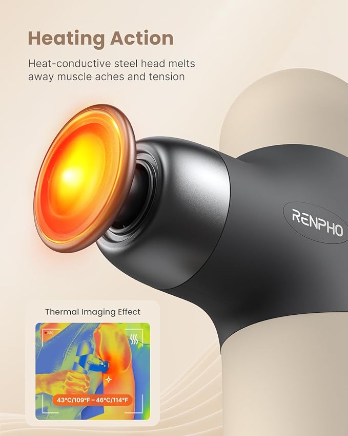RENPHO Mini Thermal Massage Gun with Heat Portable Deep Tissue Percussion Massager with 4 Heads for Neck &amp Back Comfort Ultra-Quiet Operation for Home Office &amp Travel Includes Compact Carr