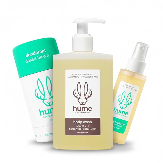 Hume Supernatural Essential Body Care Set - Deodorant Body Wash Dry Body Oil - Aluminum Free Niacinamide Hyaluronic Acid Desert Bloom &amp Santal Sun Scents