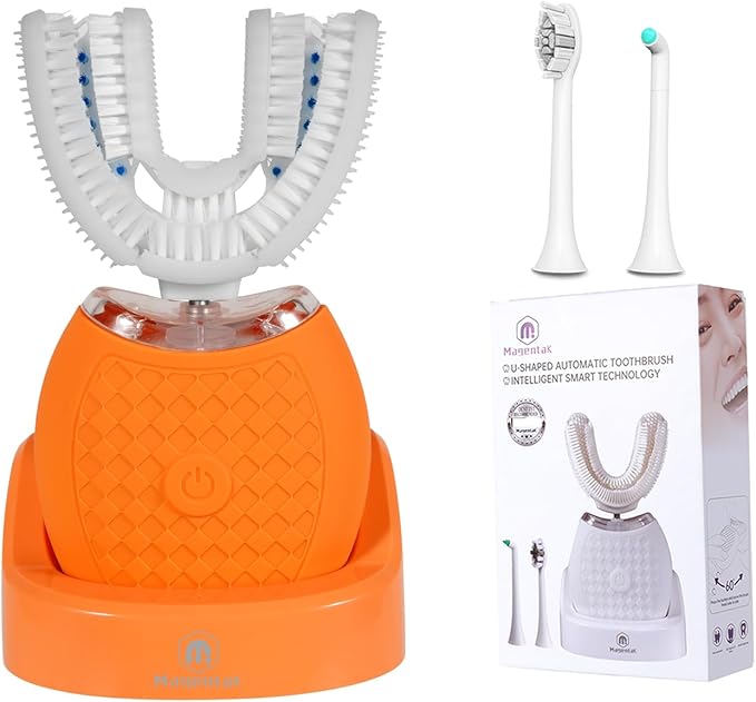 Electric U Shaped Toothbrush for Adult360 Degree Automatic Cleaning Ultrasonic Tooth Brush has 23760 Nylon Bristles and 3 Modes Standard Fast Ultra Fast(Orange)