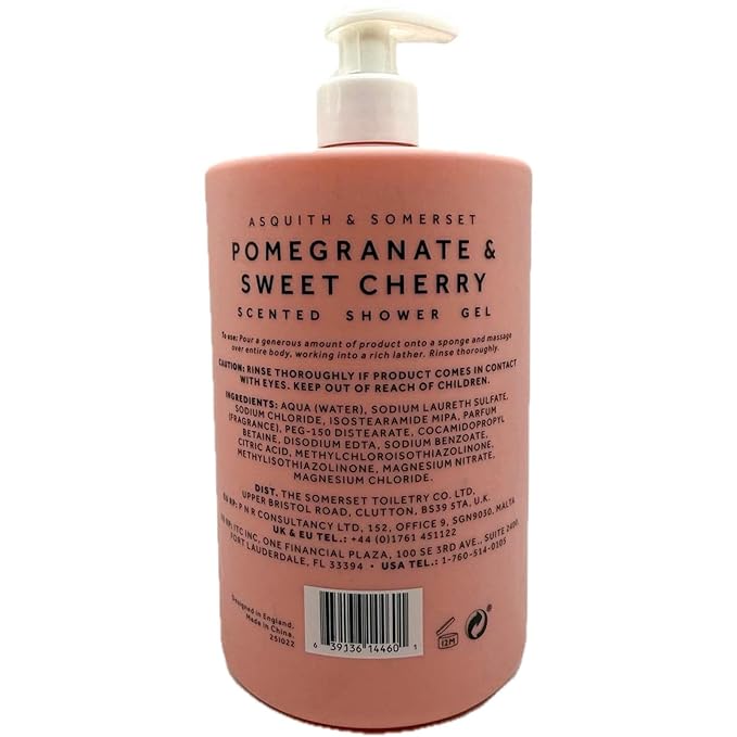 Asquith &amp Somerset Pomegranate &amp Sweet Cherry Scented Shower Gel 1000ml Pump Dispenser