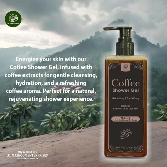 Coffee Shower Gel � 250ml | Made with Dark Arabica Coffee Beans | Refreshing &amp Detoxifying Body Wash | Gently Exfoliates Removes Tan &amp Revives Skin | Sulfate &amp Paraben Free | Pack of 1
