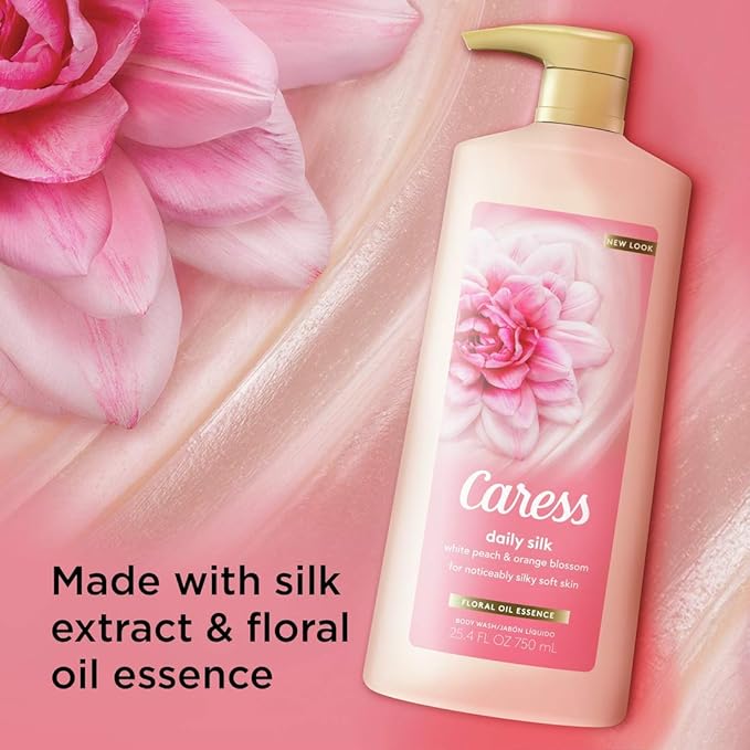 Caress Hydrating Body Wash with Pump Shower Gel For Soft Silky Skin Daily Moisture Body Wash With Silk Extract &amp Floral Oil Essence 25.4 Fl Oz (Pack of 4)