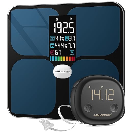 ABLEGRID Digital Smart Bathroom Scale for Body Weight and Fat Percentage and Smart Body Tape Measure Rechargeable with Fitdays APP