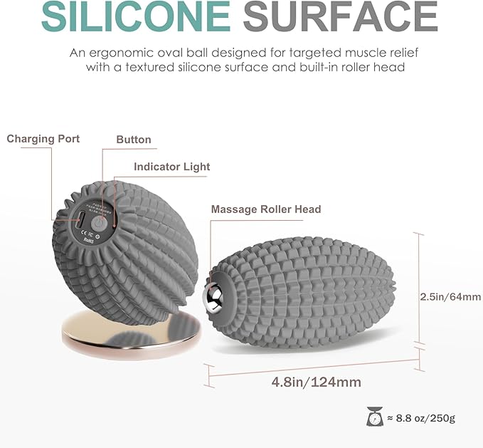 Vibrating Massage Ball for Muscle Recovery Silicone Myofascial Massage Ball Plantar Fasciitis ReliefHip &amp Psoas Release Deep Tissue &amp Trigger Point Roller for Neck Back Foot (Gray)
