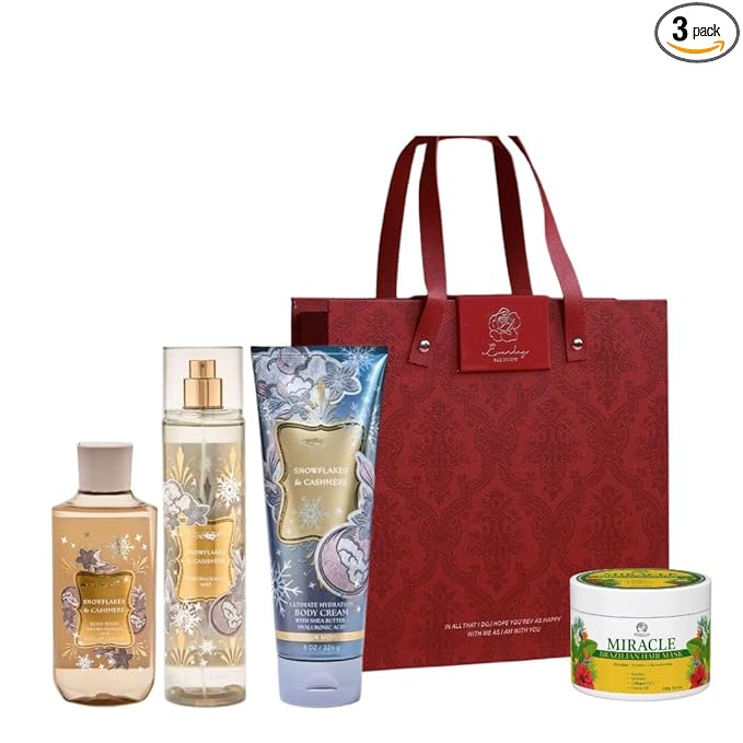 Snowflakes &amp Cashmere -White BarnBath Body/Work - HOLIDAY COLLECTION - 3 Full Size and Holiday NEW Gift Bag With MIRACLE BRAZILIAN HAIR MASK (Packaging May Vary)