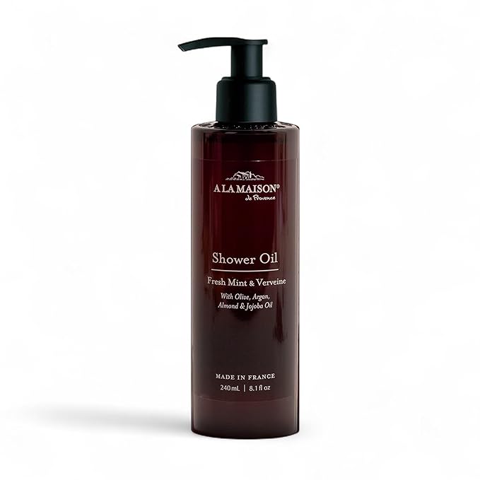 A LA MAISON Cleansing Shower Oil – Fresh Mint &amp Verveine – Hydrating Body Wash Alternative with Olive Argan &amp Jojoba Oils – Plant-Based Biodegradable Made in France 8.1 fl oz – Amber Collec