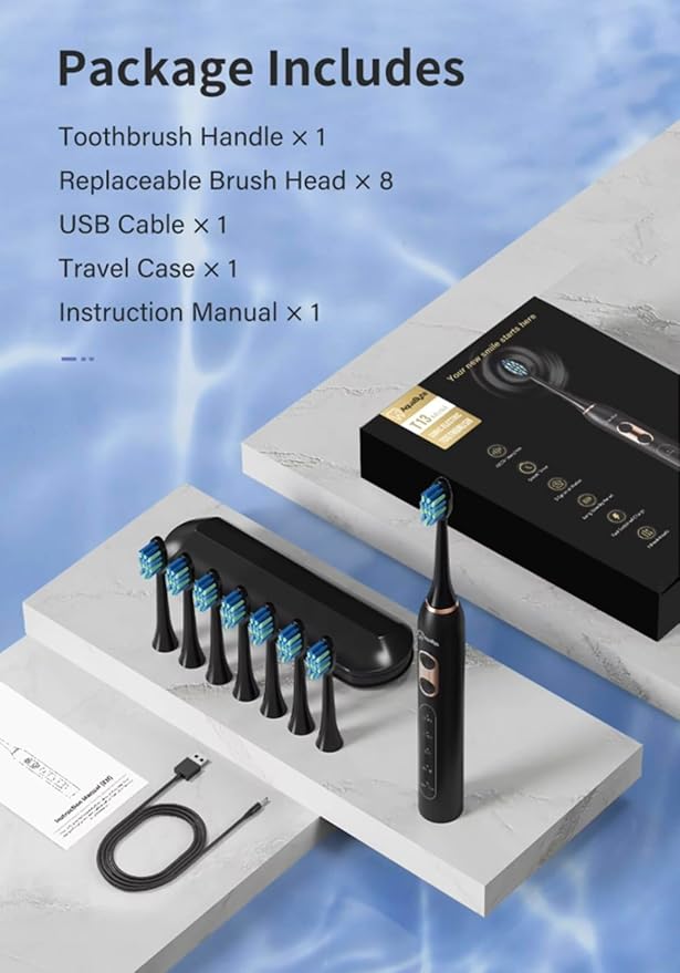 AquaByte Electric Toothbrush. 8 Brush Heads. 5 Modes Smart Timer Travel Case 42000 VPM USB Rechargeable Gum Care Deep Clean Powerful Plaque Removal for Adults.