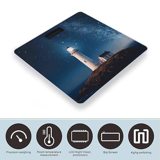 Lighthouse Under Starry Night Sky Scale for Body Weight Accurate Digital Bathroom Scale Toughened Glass High Precision Scales Smart Weight Scales with Large LCD Backlight Display Weighing Machine