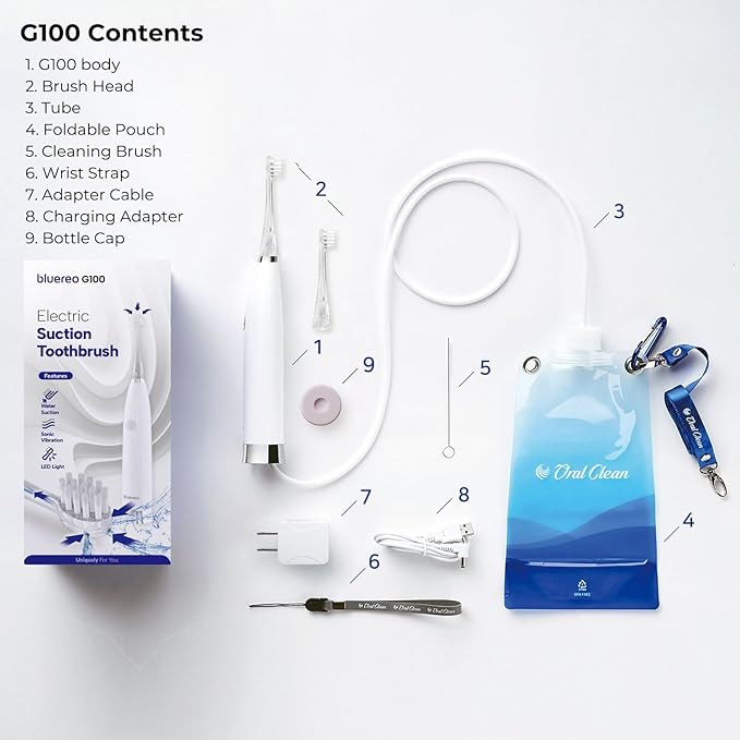 Bluereo G100 Electric Suction Toothbrush with Built-in Oral Suction Sonic Vibration LED Light Portable for Dysphagia &amp Aspiration (White)