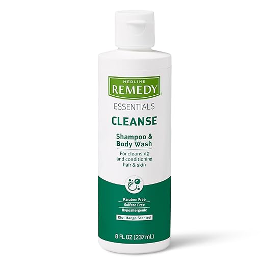Medline Remedy Essentials Shampoo and Body Wash (8 fl oz) 48 Count Kiwi Mango Scent Full Body Cleanser with Aloe For Adults &amp Elderly Easy Rinse Gel for Bath Shower or Bedside Bathing