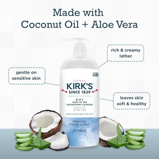Kirk's 3-in-1 Head to Toe Nourishing Liquid Cleanser- for Men Women &amp Children - Premium Coconut Oil &amp Aloe Vera- Non GMO &amp Vegan -Original Fresh Scent - 32 Fl Oz