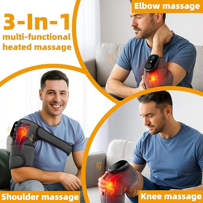3-in-1 Cordless Knee Shoulder Massager with Heat and Vibration. Adjustable Brace for Shoulders Elbows Knees. Gifts for Dad Mom Men Women.(GRAY-3IN1)