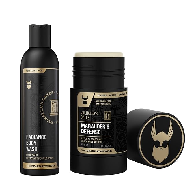Men's Body Wash &amp Natural Deodorant Bundle by The Beard Struggle - Leaves Refreshed &amp Moisturized All Day Long - Gold Collection - Valhalla's Gates