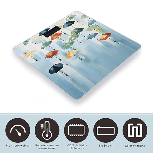 Oil Painting of Umbrellas on Light Blue Scale for Body Weight Precision Bathroom Weighing Scales with Back Lit LCD Display Sturdy Tempered Glass Body Weight Scales Digital Bathroom Scale 400lb
