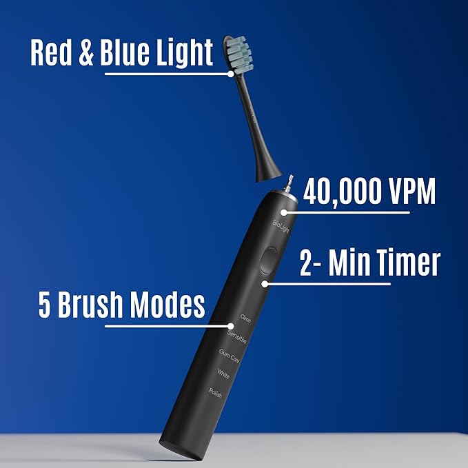 BIOLIGHT Illume Sonic Electric Toothbrush with Red &amp Blue Light Therapy – Professional Whitening Gum Care &amp Advanced Oral Hygiene - Black