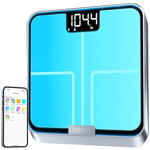 RENPHO Smart Body Fat Scale with Light Fitness Equipment with RGB Lighting Rechargeable Scale with BMI Body Fat Muscle Mass Color Changing with Weight Variation Elis Chroma