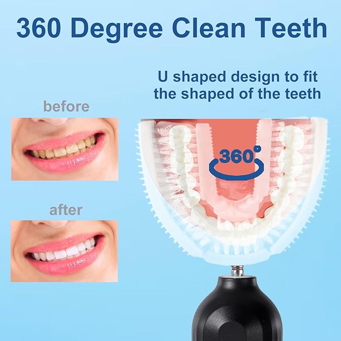 Ultrasonic U-Shaped Toothbrush for Adults Electric Toothbrush has 23760 Nylon BristlesAutomatic 360-degree Cleaning and Waterproof IPX7 4 Modes for Teeth Whitening (Black)