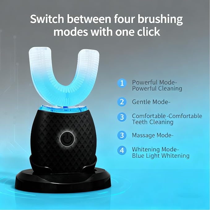 U-Shaped Electric Toothbrush for Adults Hands-Free Auto Teeth Cleaner with 360° Ultrasonic &amp Foam Mousse 4 Brush Heads LED Light &amp Charging Base Kit (Black)