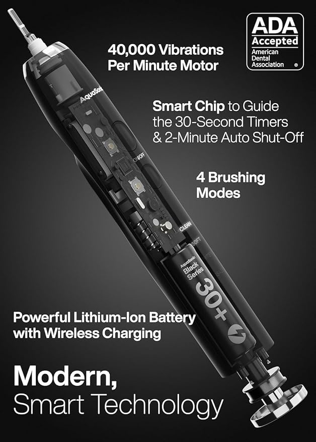 Aquasonic Black Series Ultra Whitening Toothbrush – ADA Accepted Electric Toothbrush- 8 Brush Heads &amp Travel Case – 40000 VPM Electric Motor &amp Wireless Charging - 4 Modes w Smart Timer