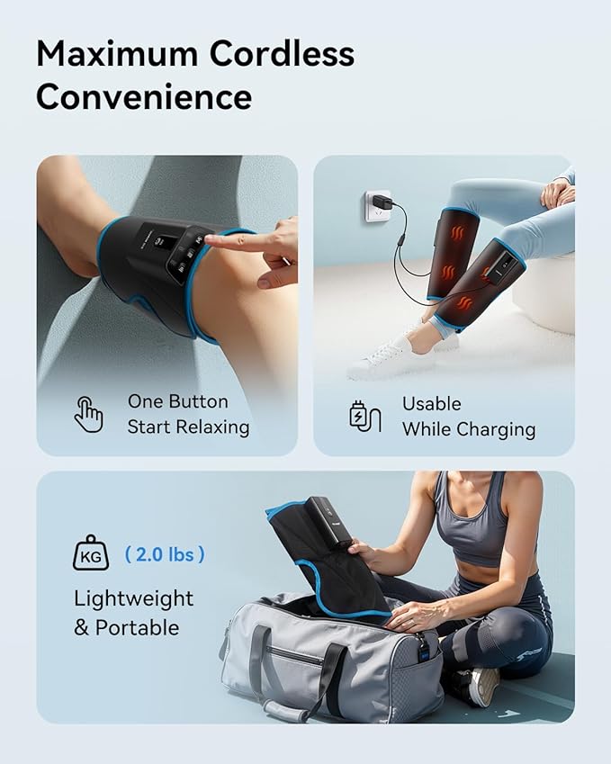FIT KING Cordless Calf Massager with Heat &amp Compression – Rechargeable Leg Massager for Circulation Edema RLS &amp Pain Relief 3 Heat Levels 3 Modes &amp Intensities Portable Mom Dad Ath
