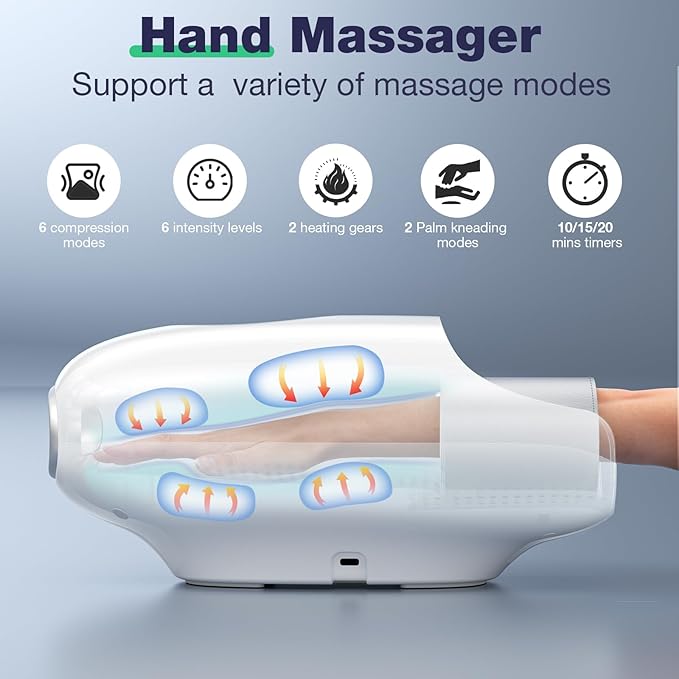 Hand Massager with Heat and Compression Hand Massage for Arthritis and Carpal Tunnel Relief 6 Modes Pressure Point Therapy Blowing Wrist Massager Finger &amp Palm Kneading Gifts for Mom Dad