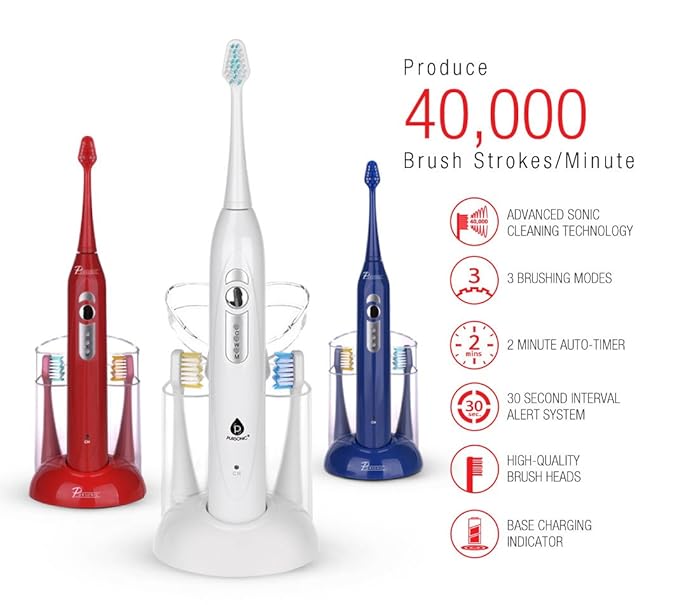 Pursonic S430 High Power Rechargeable Electric Sonic Toothbrush with 12 Brush Heads &amp Storage Charger Blue