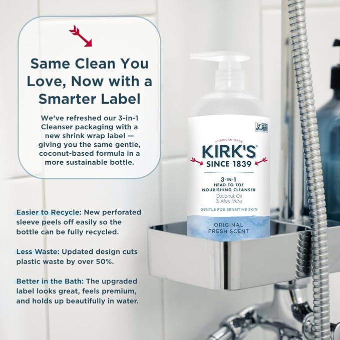 Kirk's 3-in-1 Head to Toe Nourishing Liquid Cleanser- for Men Women &amp Children - Premium Coconut Oil &amp Aloe Vera- Non GMO &amp Vegan -Original Fresh Scent - 32 Fl Oz