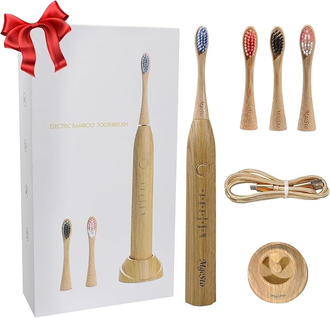 Electric Bamboo Toothbrush Sonic Toothbrush - 4 Replaceable Bamboo Brush Heads Eco-Friendly IPX7 Waterproof Electric Toothbrush One-Button Switch Five-Mode Brushing