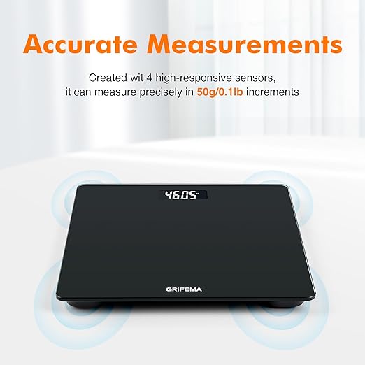 GRIFEMA GA2001-1 Digital Scales for Body Weight Weighing Bathroom Scales LCD Display and Step-On Technology 150kg/330lb 26x26cm Batteries Included Black