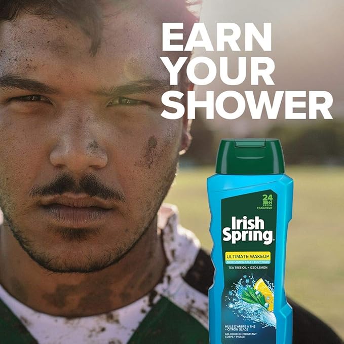 Irish Spring Ultimate Wake Up Tea Tree Face &amp Body Wash for Men Moisturizing Body Wash Washes Away Bacteria - 18 Fluid Ounce 4 Pack