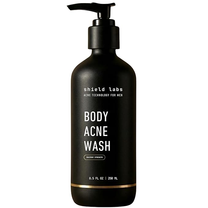 Shield Body Acne Wash for Back Chest &amp Shoulders - Men's 10% Benzoyl Peroxide Body Wash Clears Breakouts &amp Acne Scars – Unscented with Niacinamide Glycolic Acid &amp Ceramides 8.5 oz