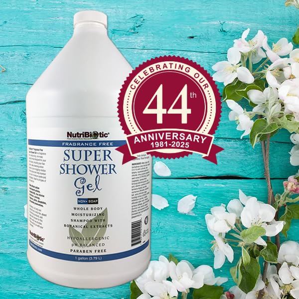 NutriBiotic – Fragrance-Free Super Shower Gel 1 Gallon | Whole-Body Moisturizing Shampoo with GSE &amp Botanical Extracts | Non-Soap pH Balanced &amp Free of Gluten Parabens Sulfates Dyes &amp
